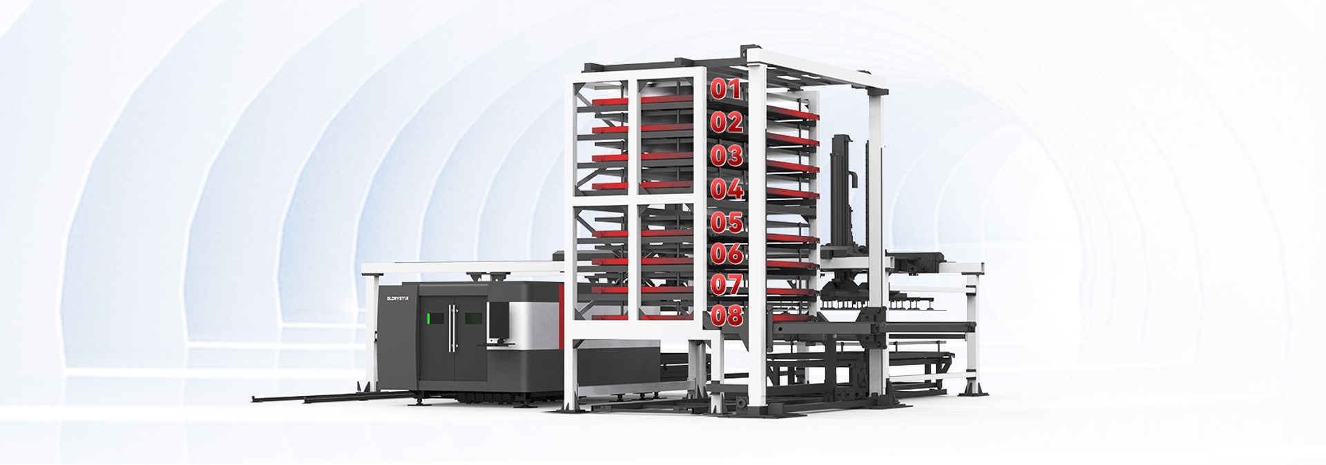 力星激光板材自動上下料庫系統(tǒng)-8層貨格 科學、緊湊的存儲方案