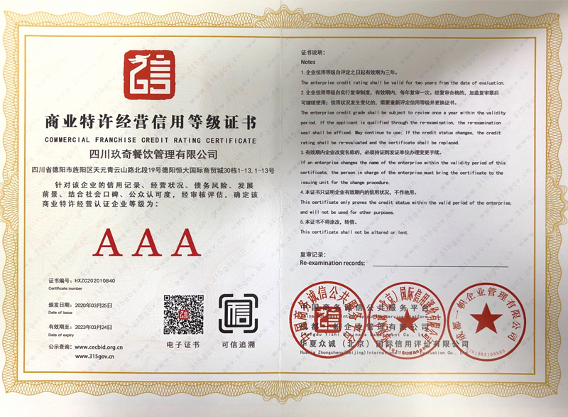 商業特許經營信用等級證書